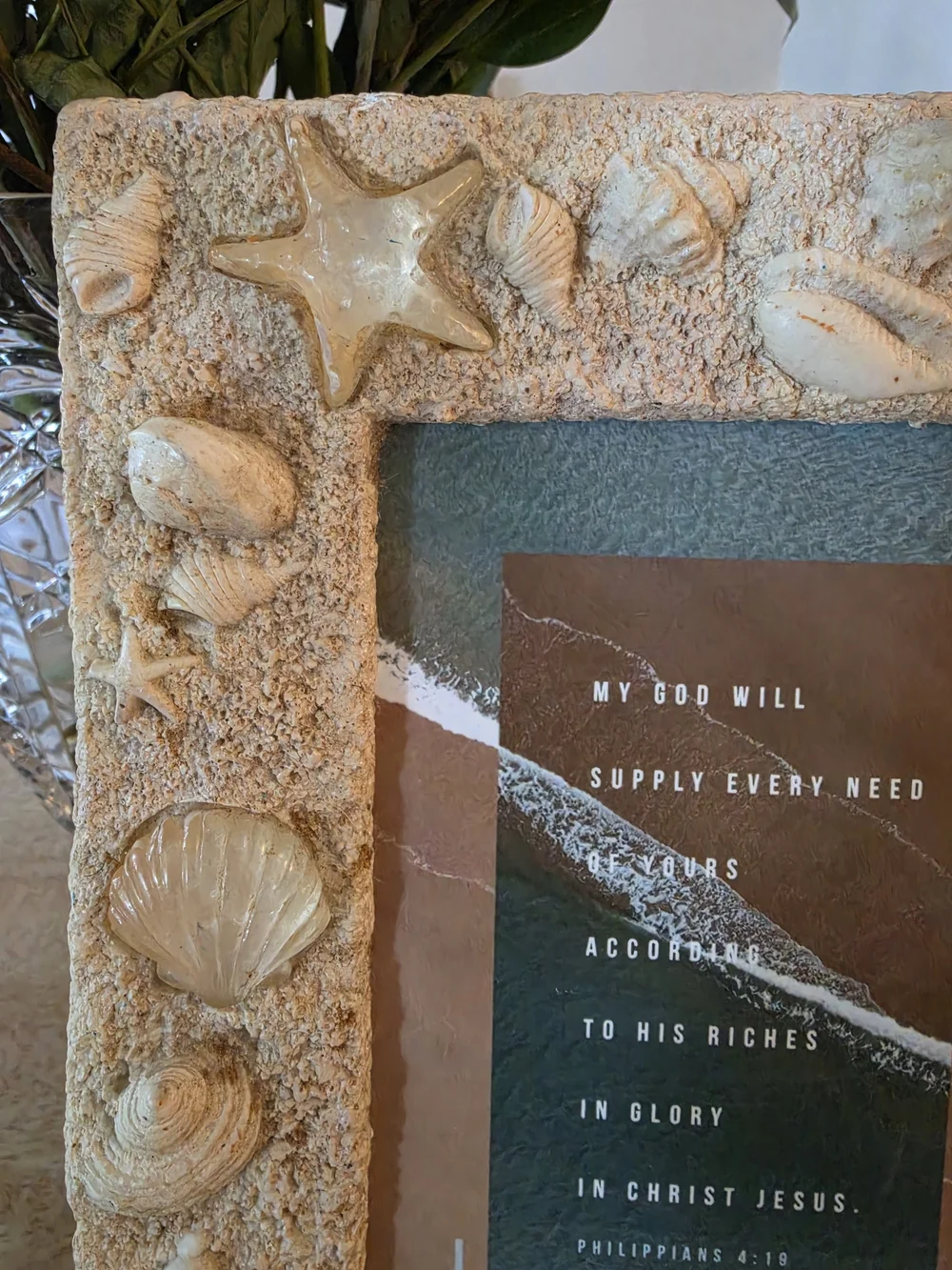 Textured beach picture frame decorated with real seashells and faux-sand finish